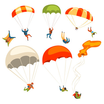 Skydivers flying with parachutes set, extreme parachuting sport and skydiving concept vector Illustrations on a white background