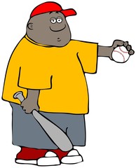 Illustration of a black boy holding a baseball and an aluminum bat.