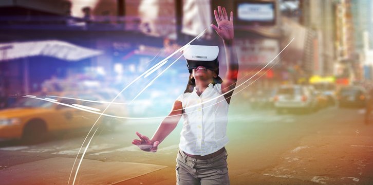 Composite image of girl wearing virtual reality simulator
