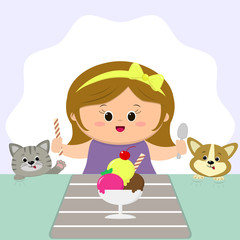 Obraz na płótnie Canvas A cute girl with an yellow bow sits at a table and eats an ice cream. A cat and a dog are watching. Cartoon style, flat, vector.