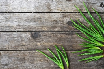 Aloe vera on wooden table background, copy space, skin care concept