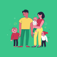 Vector illustration in trendy flat linear style - happy family and parenthood concept - happy mother and father with three children of different age