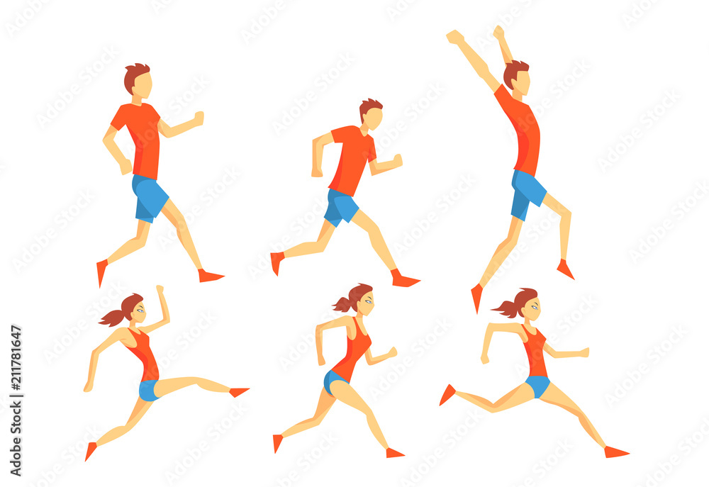 Wall mural flat vector set of people in running action. professional athletes. runners in sportswear. active an