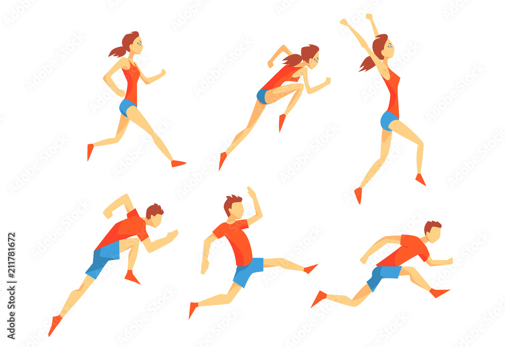 Wall mural flat vector set with energetic man and woman in running action. athletes in sportswear. professional