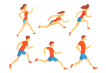 Fototapeta na wymiar Flat vector set of athletes in running action. Man and woman in sportswear. Professional runners. Active lifestyle