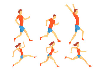 Fototapeta na wymiar Flat vector set of people in running action. Professional athletes. Runners in sportswear. Active and healthy lifestyle