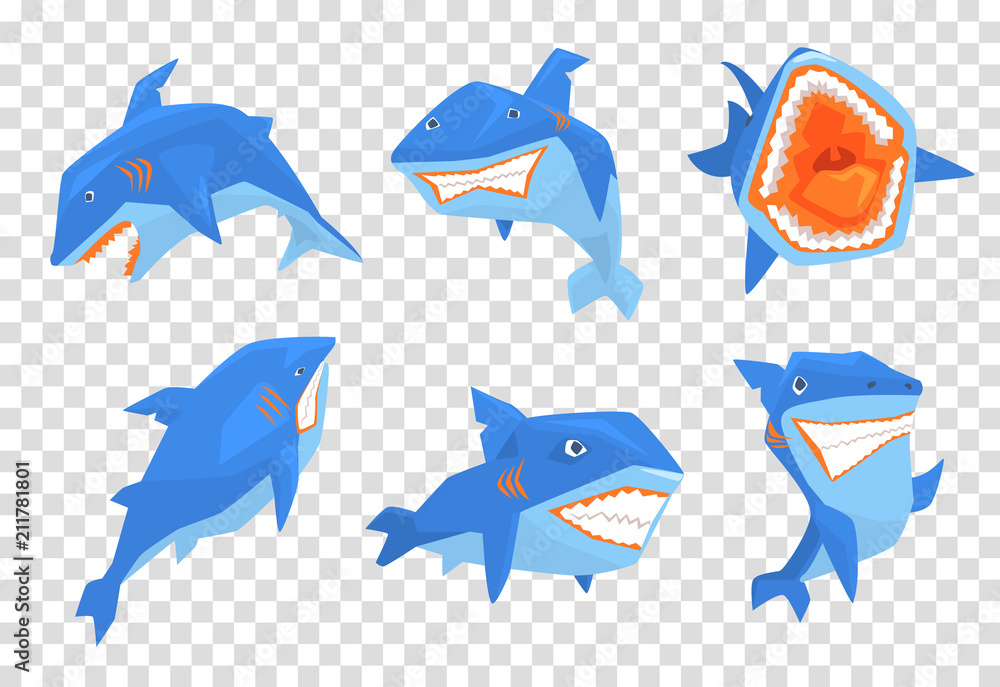 Poster flat vector set of big blue shark. marine fish with sharp teeth and large fin on back. elements for 