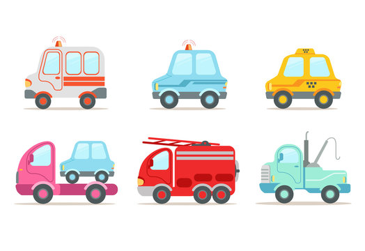 Flat vector set of various vehicles. Ambulance, police car, yellow taxi, tow truck, wrecking car and fire engine. Service transport