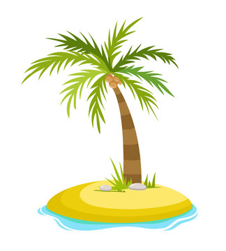 Tropical palm on island with sea waves vector illustration isolated white background. Beach under palm tree. Summer vacation in tropics. Cartoon vector illustration