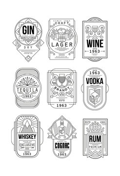 Alcohol labels set, gin, lager, wine, tequila, brandy, vodka, whiskey,  cognac, rum retro alcohol industry monochrome emblem vector Illustration on  a white background Stock Vector | Adobe Stock