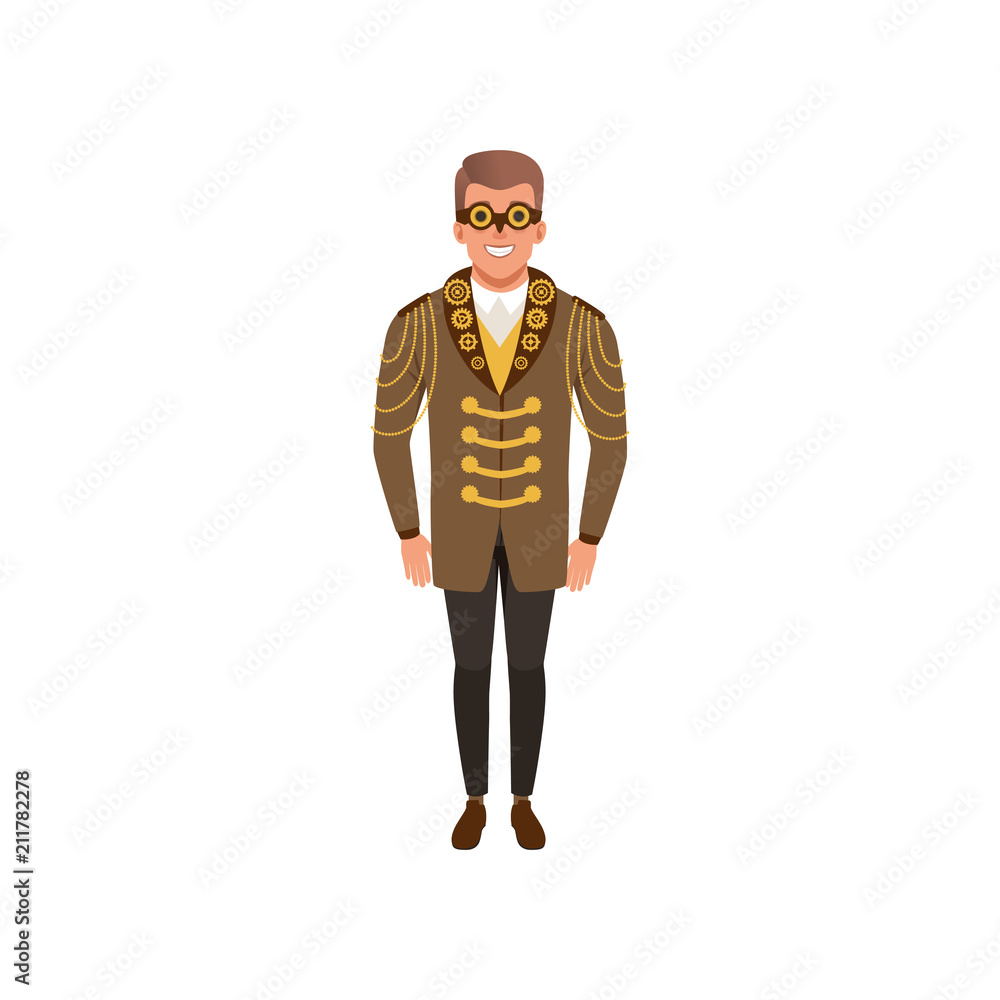 Sticker Smiling man in steampunk costume. Guy in jacket with golden chains and gears, shirt, pants and vintage goggles. Flat vector design