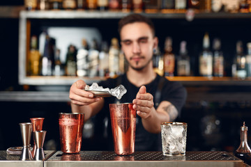 Bartender Making Cocktail. Barman Putting Ice In Glass