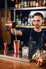 Cocktail Bar. Bartender Making Cocktails At Bar Counter