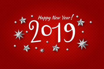 Vector illustration of Happy New year 2019 background with silver stars confetti. Hand lettered years number