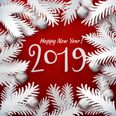 Christmas and New Year red colored background with white paper art cut out for tree branches decorative balls and stars. Xmas Vector illustration. Card, banner, poster. Material applique 2018