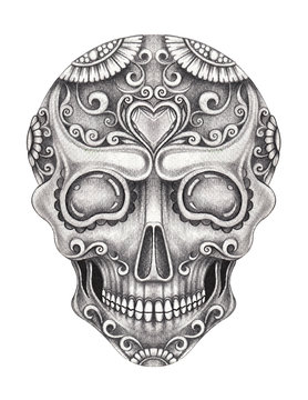Art Sugar Skull Tattoo. Hand pencil drawing on paper.