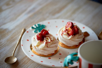 Air and delicious meringue Anna Pavlova in the heart of the plate. Culinary art