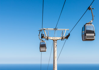 cableway against the sky, transport at height and tourist attraction