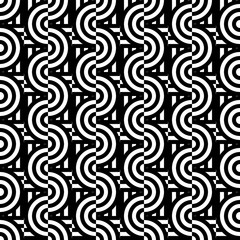 Seamless pattern with circles and striped black white straight lines. Optical illusion effect. Geometric tile in op art style. Vector illusive background for cloth, textile, print, web.