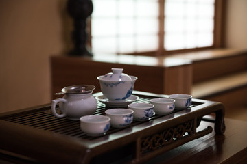Chinese tea set on wooden table. Chinese Traditional Culture