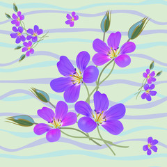 Fototapeta na wymiar Seamless floral vector pattern with violet flowers on a wavy background of horizontal stripes of modern coloring.