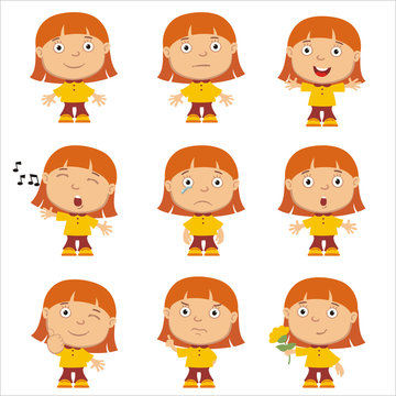Collection of emoticons of funny girl with red hair in different poses isolated on white background.