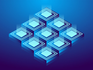 Obraz premium Cryptocurrency and blockchain, abstract isometric 3D illustration. Cryptocurrency mining farm, vector technology background.