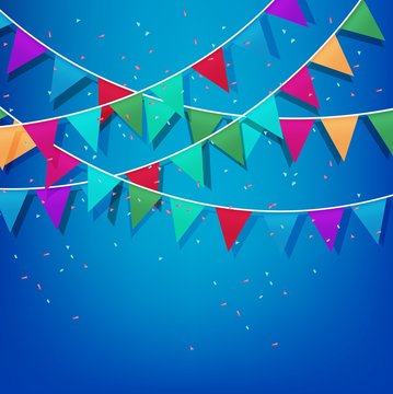 Festive background with Colorful Party Flags with Confetti