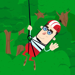 Boy ziplining. Vector cartoon character illustration.