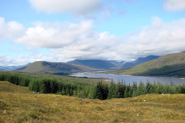Panorama of Scottish forests near the shore of a lake against a cloudy blue sky.