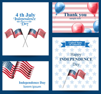 Happy Independence day american flag Vector cards. 4th of july postcard set