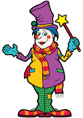 Friendly clown illusionist/ Illustration cartoon funny man with a magic wand disguised in top hat and clown clothes