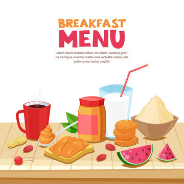 Breakfast menu design, vector cartoon illustration. Peanut butter sandwich, tea, coffee mug, oatmeal on wooden table.
