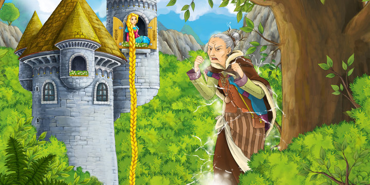 Cartoon scene of a princess - girl - sitting in the window near angry witch casting spell - illustration for children