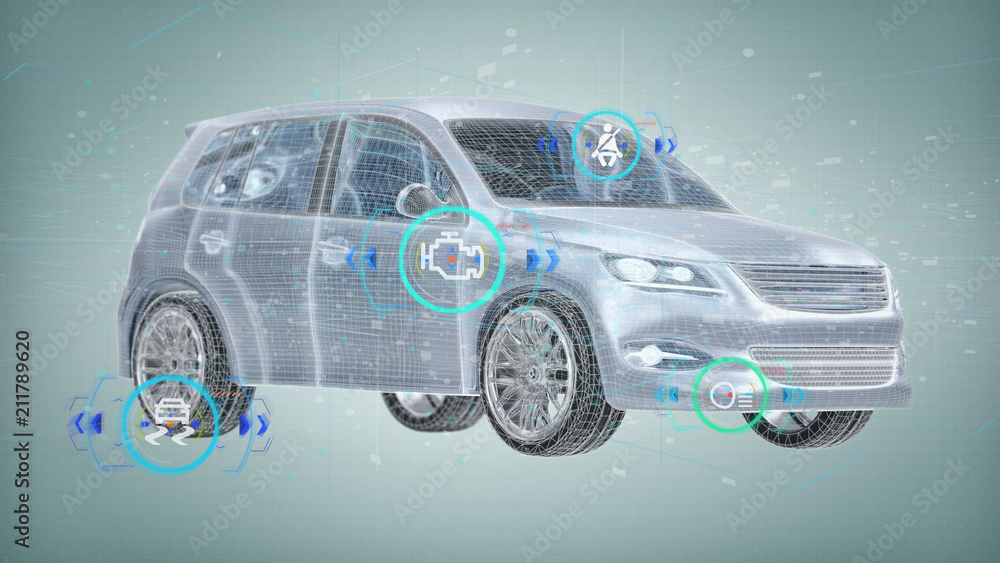 Poster smartcar checking on a background 3d rendering