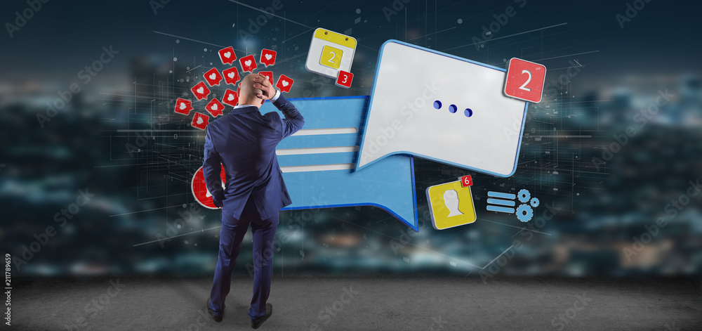 Poster Businessman in front of a colorfull social network teamwork with icon 3d rendering