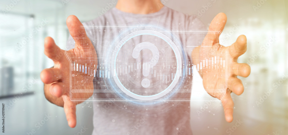 Poster man holding a technology question mark icon on a circle 3d rendering