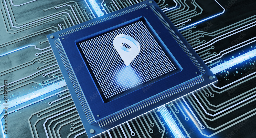 Poster cpu processor chip and network connection on a circuit board - 3d render