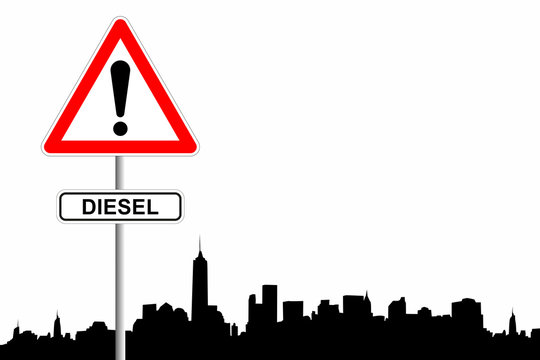 Dieselfahrverbot und Schild mit City Skyline im Hintergrund