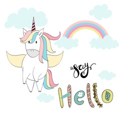 Magic cute unicorn. Vector hand drawn greeting card.