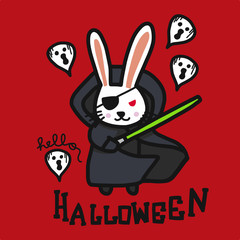Dark rabbit and laser blade and ghosts Hello Halloween cartoon doodle vector illustration