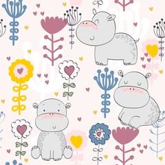 Vector hand drawn seamless pattern with flowers and hippos