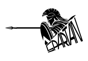 Spartan with a spear and a shield on a white background. - obrazy, fototapety, plakaty