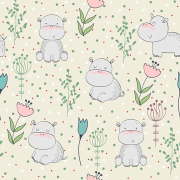 Vector hand drawn seamless pattern with cute hippos