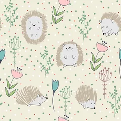 Muurstickers Vector hand drawn seamless pattern with cute hedgehogs © Tapilipa