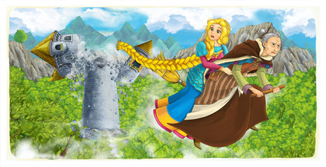 cartoon scene with witch and princess flying on a broom escaping from falling castle tower - illustration for children