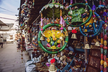 Pushkar city, Rajasthan, India, February 15, 2018: Street market shop
