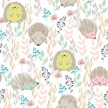 Vector hand drawn seamless pattern with cute hedgehogs