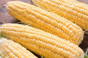 Fresh sweet corn on table