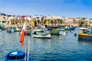 VALLETTA, MALTA - June 28, 2017: Typical Seaside port in Valletta in Malta